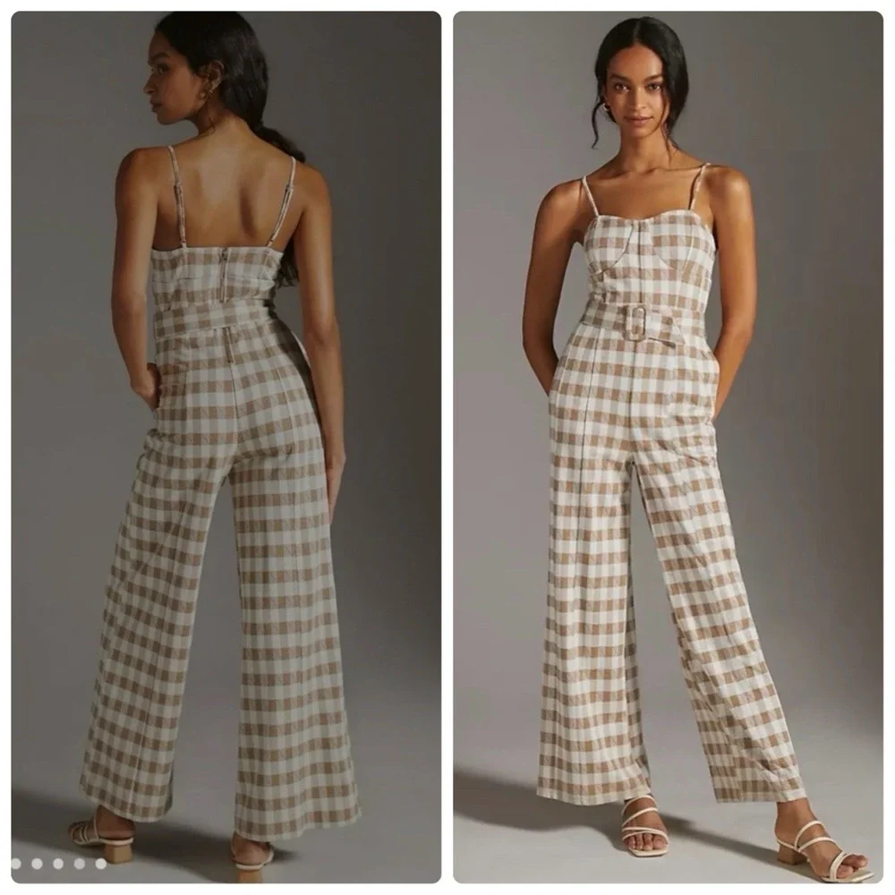 En Saison ANTHROPOLOGIE Mani Gingham Plaid Jumpsuit Size XS Beige Belted Pockets